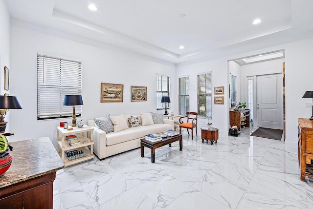 living room with a tray ceiling