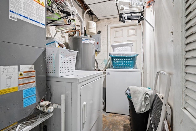 laundry area with electric panel, separate washer and dryer, heating unit, and water heater