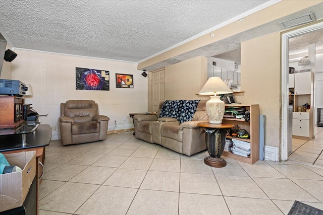 tiled living room with crown molding and a textured ceiling