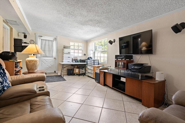 tiled living room with a textured ceiling and ornamental molding