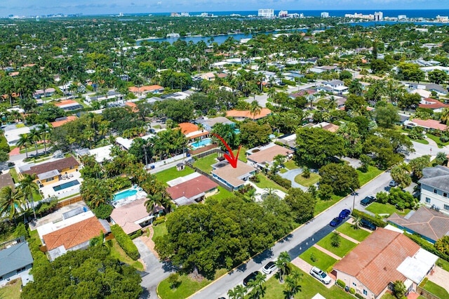 aerial view featuring a water view