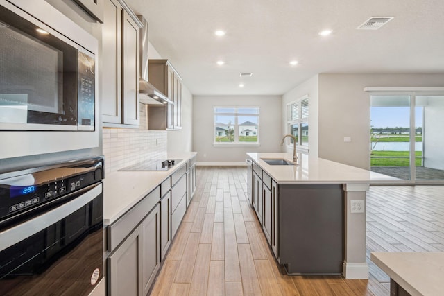 kitchen featuring sink, appliances with stainless steel finishes, tasteful backsplash, light hardwood / wood-style floors, and an island with sink