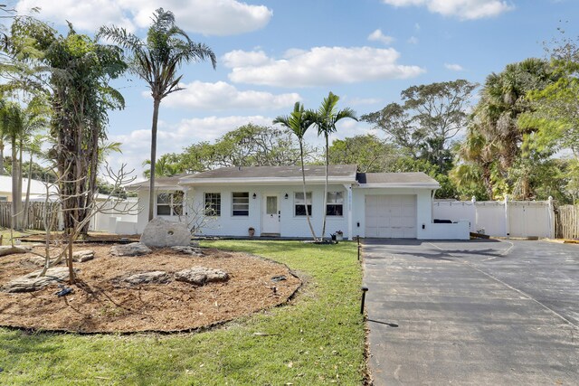 single story home with a garage and solar panels