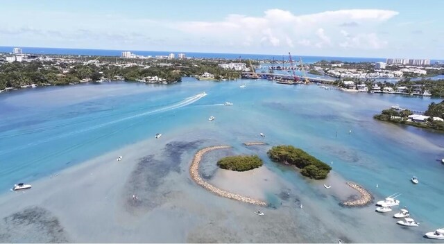 aerial view featuring a water view and a view of the beach