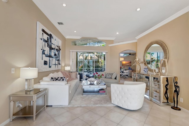 tiled living room featuring ornamental molding