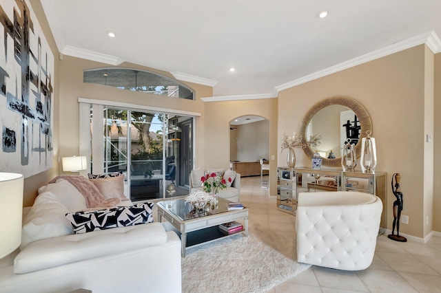 living room with ornamental molding and light tile patterned flooring