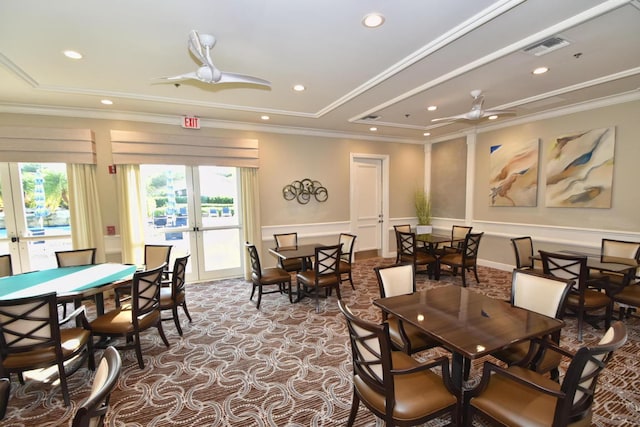 dining area featuring ceiling fan, french doors, and crown molding