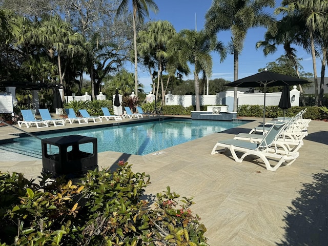 view of swimming pool with a patio and a hot tub