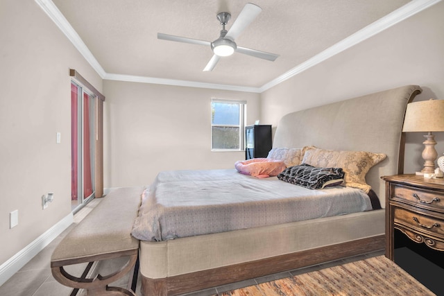 bedroom with hardwood / wood-style flooring, ceiling fan, and ornamental molding