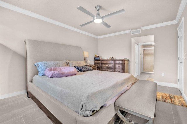 tiled bedroom featuring connected bathroom, ceiling fan, and crown molding