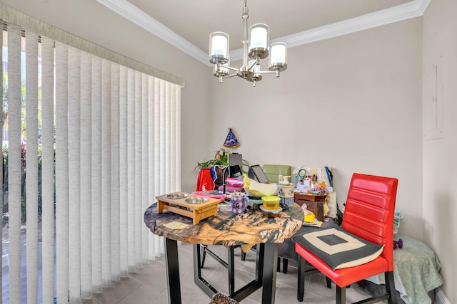 tiled dining space featuring a chandelier and ornamental molding