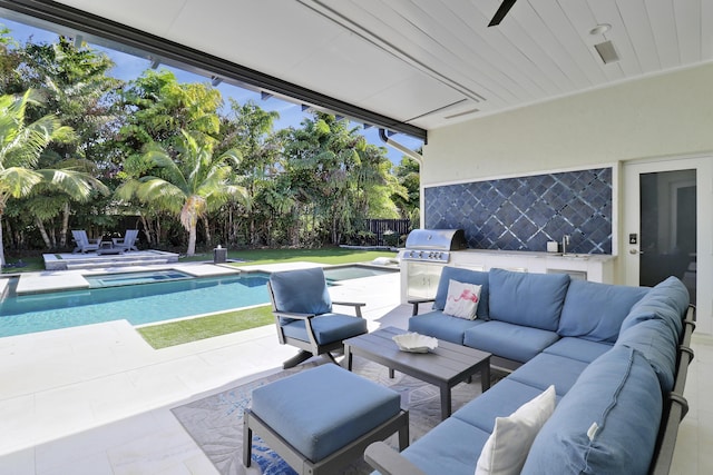 view of patio / terrace featuring an outdoor living space, a fenced in pool, and area for grilling