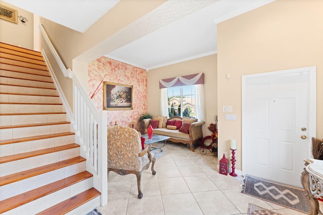 tiled entryway with ornamental molding