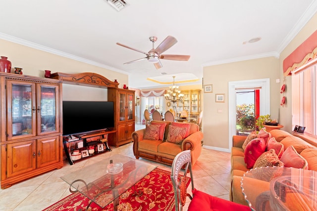 living room featuring ceiling fan with notable chandelier, light tile patterned floors, and crown molding