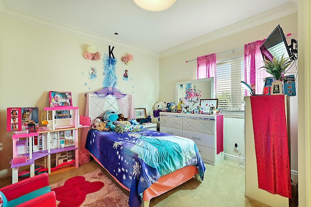 bedroom with carpet floors and ornamental molding