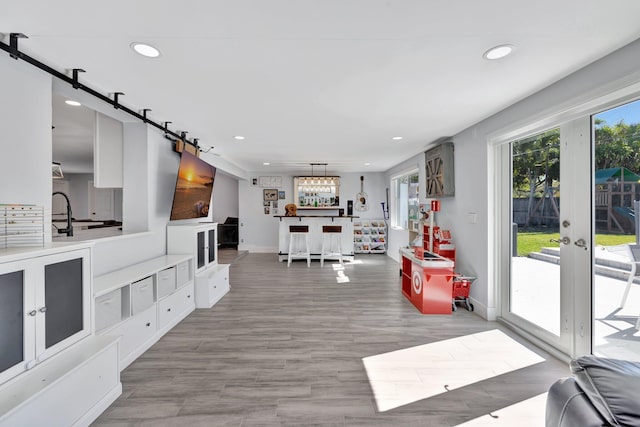 living room with french doors and light hardwood / wood-style flooring