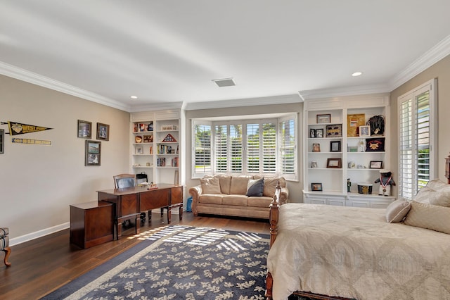 bedroom with crown molding and dark hardwood / wood-style flooring