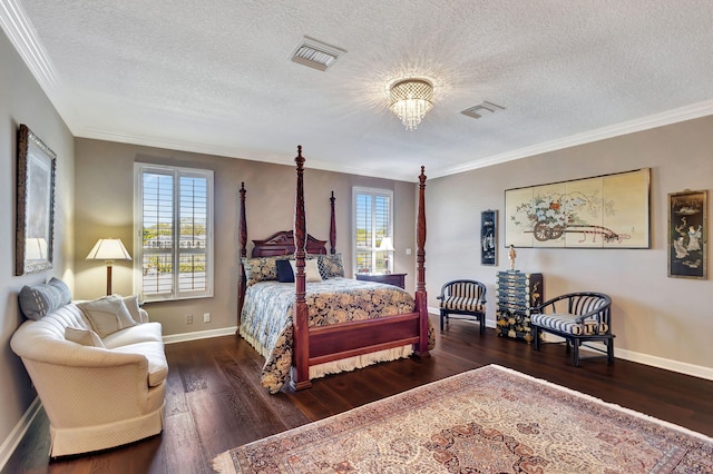 bedroom with ornamental molding, a chandelier, a textured ceiling, and dark hardwood / wood-style flooring