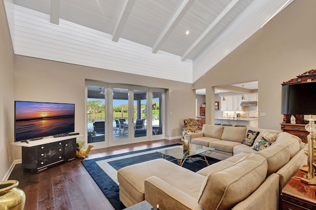 living room with dark hardwood / wood-style flooring, high vaulted ceiling, and beamed ceiling