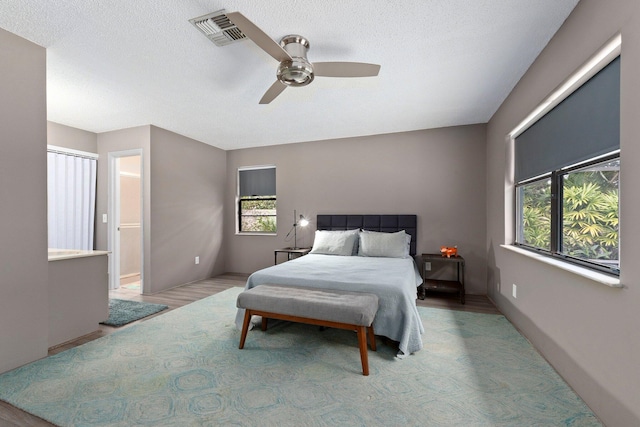 bedroom featuring ensuite bath, ceiling fan, and multiple windows