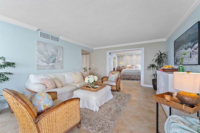 tiled living room with a textured ceiling and crown molding