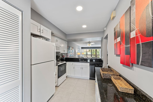 kitchen with white cabinets, white appliances, ceiling fan, and sink