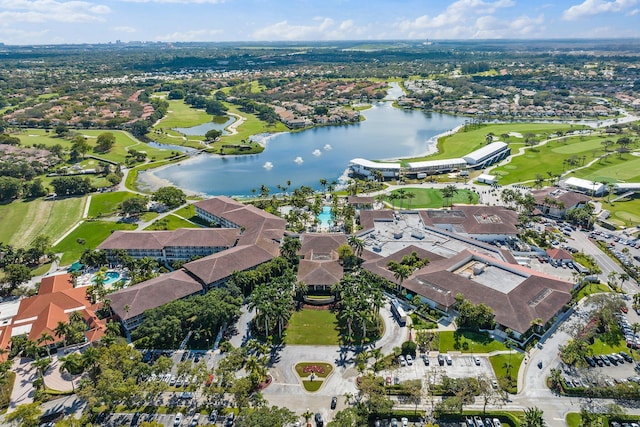 bird's eye view with a water view