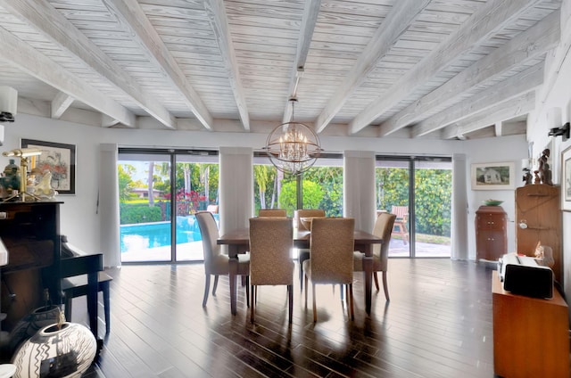 dining area with a notable chandelier, wood ceiling, and beamed ceiling