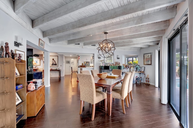 dining area featuring beam ceiling, a barn door, a notable chandelier, and dark wood-type flooring