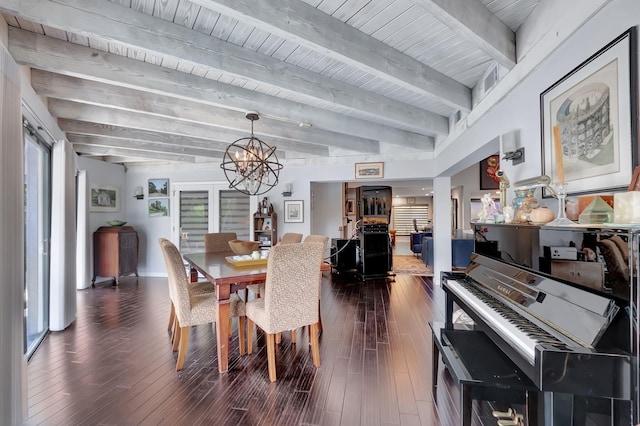 dining area with dark wood-type flooring, wood ceiling, beam ceiling, and a notable chandelier