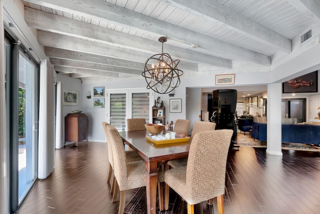 dining room with plenty of natural light, dark hardwood / wood-style floors, and beamed ceiling