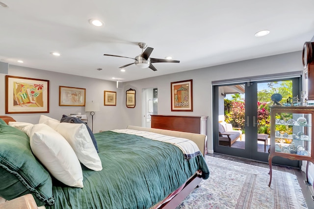 bedroom featuring ceiling fan, access to exterior, french doors, and hardwood / wood-style floors