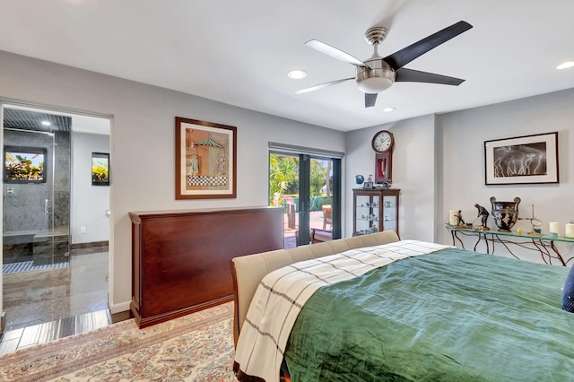 bedroom featuring ceiling fan, access to exterior, and french doors