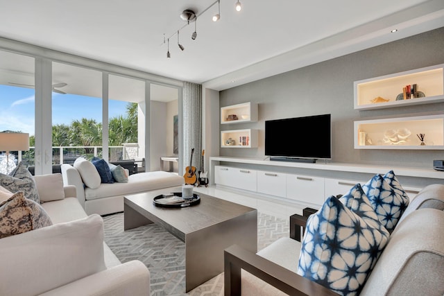 living room with a wall of windows