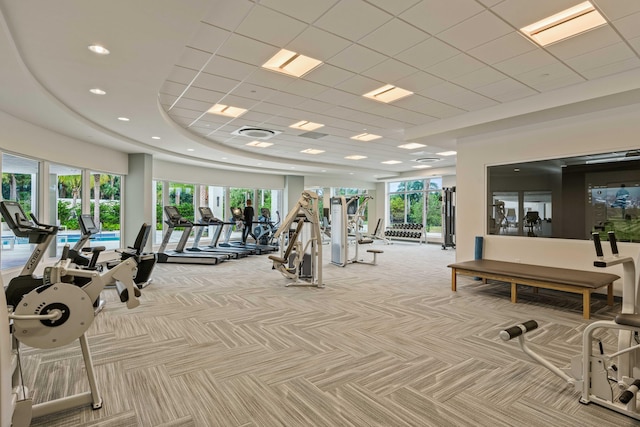 exercise room with light colored carpet, a paneled ceiling, and plenty of natural light