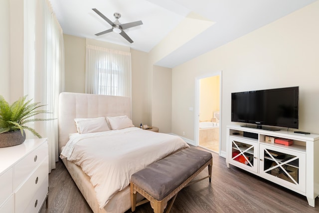 bedroom with ensuite bathroom, ceiling fan, and dark hardwood / wood-style floors