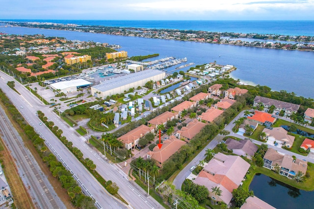 drone / aerial view featuring a water view