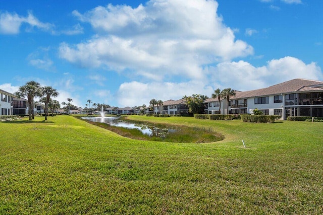 surrounding community featuring a water view and a yard