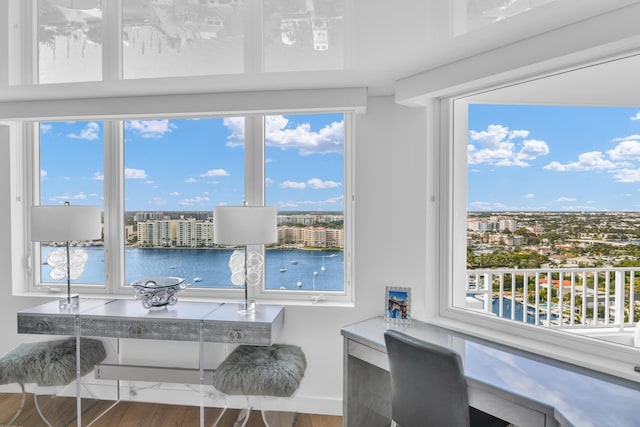 office with a water view and hardwood / wood-style flooring