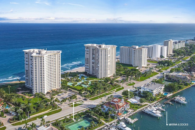 drone / aerial view featuring a water view