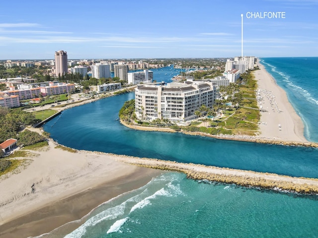 drone / aerial view with a view of the beach and a water view