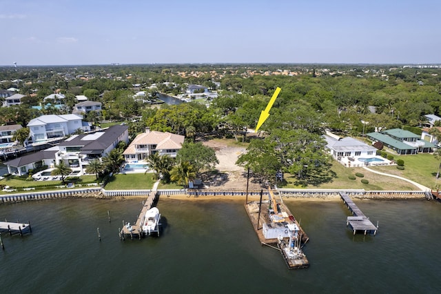 aerial view with a water view and a residential view