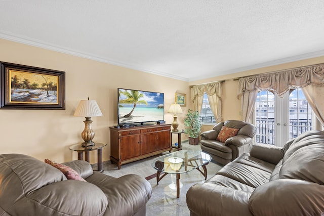 living room featuring light colored carpet, french doors, ornamental molding, and a textured ceiling