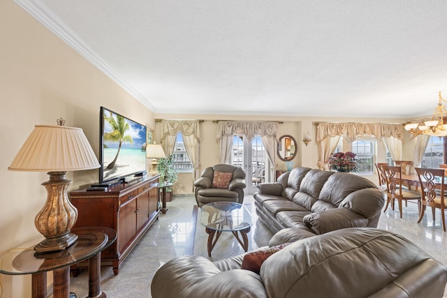 living room with crown molding, a healthy amount of sunlight, a textured ceiling, and an inviting chandelier