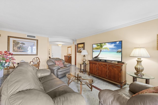 living room with crown molding