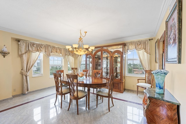 dining space with a textured ceiling, ornamental molding, plenty of natural light, and a notable chandelier