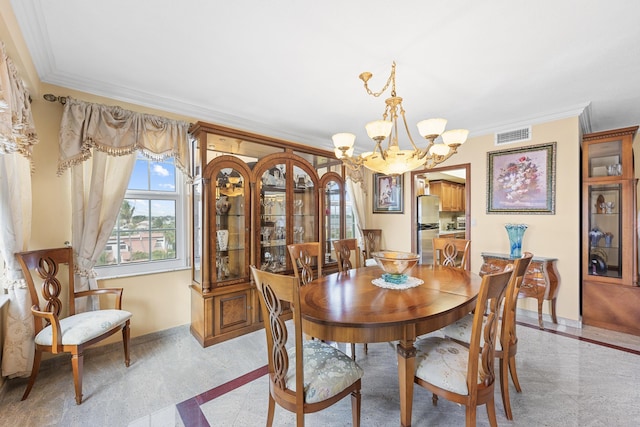 dining space with an inviting chandelier and ornamental molding