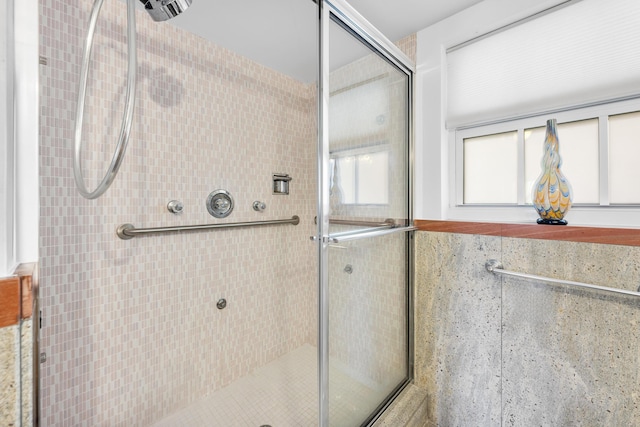 bathroom featuring a shower with shower door