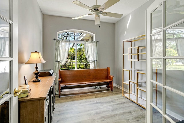 living area featuring ceiling fan and light hardwood / wood-style floors