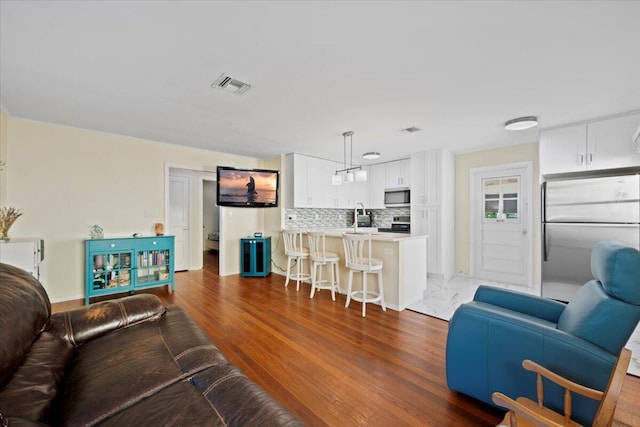 living room featuring dark hardwood / wood-style flooring and sink